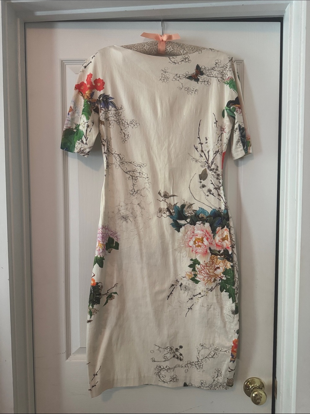 Floral Cream Midi Dress with Pink & Green Accents